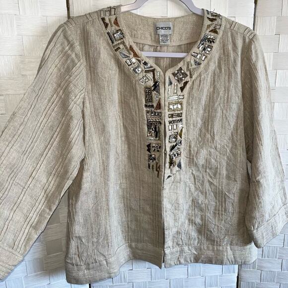 Chico’s Womens Tunic Linen Blend Blazer Jacket Size Medium Jewl Embroidered - Picture 3 of 16